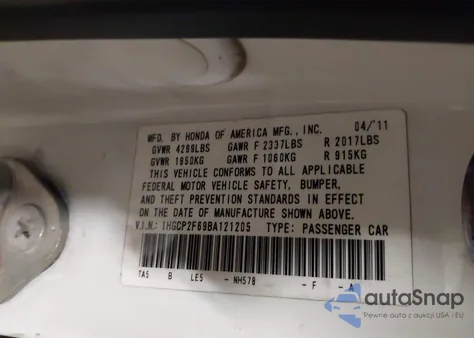 2011 Honda Accord 2.4 Se from USA, damaged, VIN 1HGCP2F69BA121205